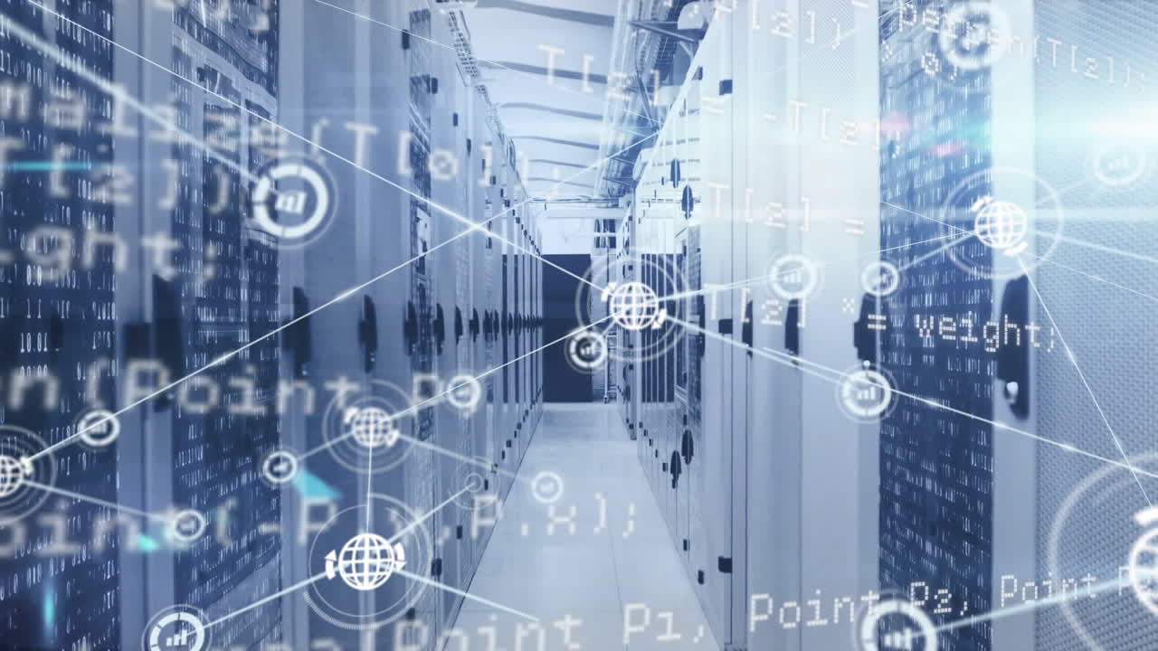 Animation of network of connections with icons over computer servers