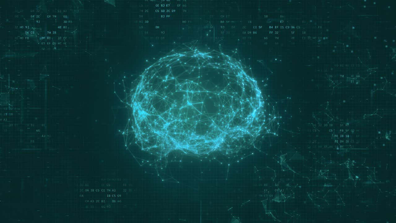 Rotating Futuristic Plexus Brain with Glowing Effects on Digital Data Background