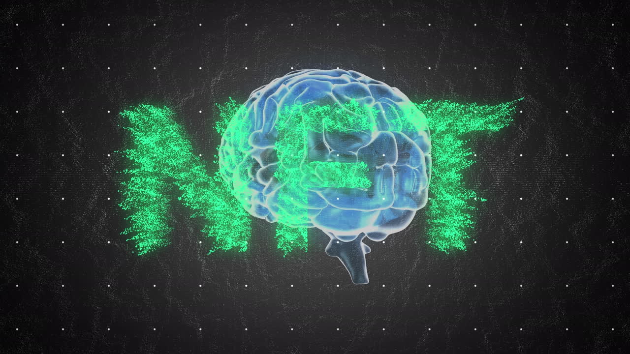 texto nft verde sobre el cerebro humano girando contra un fondo negro