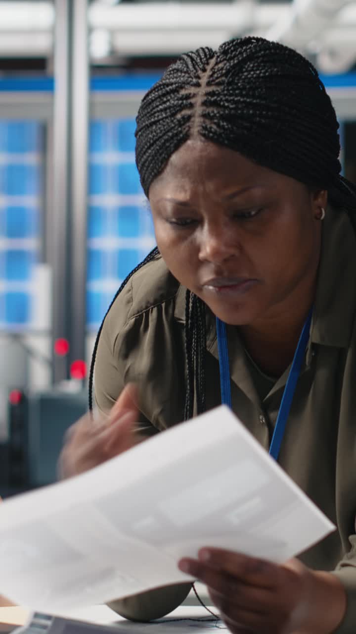 Vertical Video African american industrial inspector in solar energy reviews data on papers