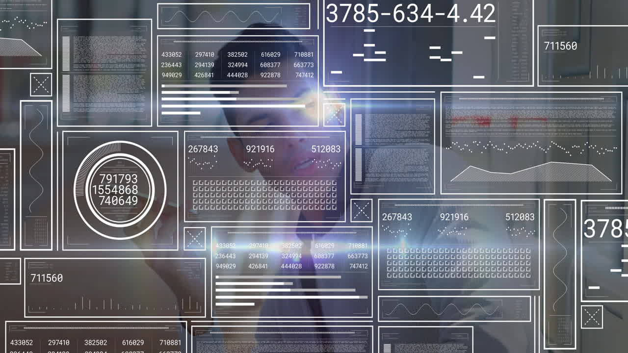 Business analyst drawing data on transparent digital board, showing interactive charts and gauges