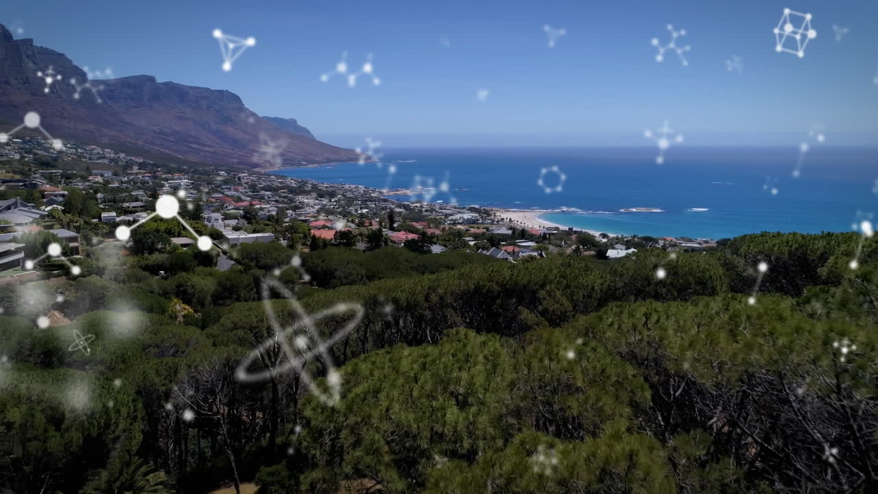 도시 풍경의 공중 전망에 대해 떠다니는 분자 구조의 디지털 구성