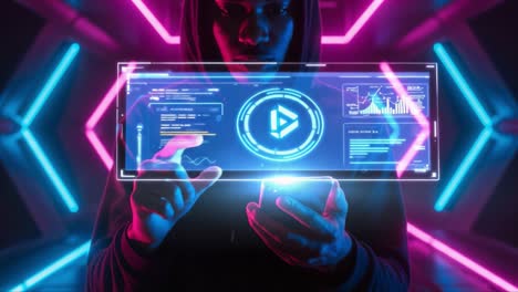 a focused individual engaging with a futuristic device amidst neon lights and digital interfaces, highlighting advanced technology in a sci-fi environment