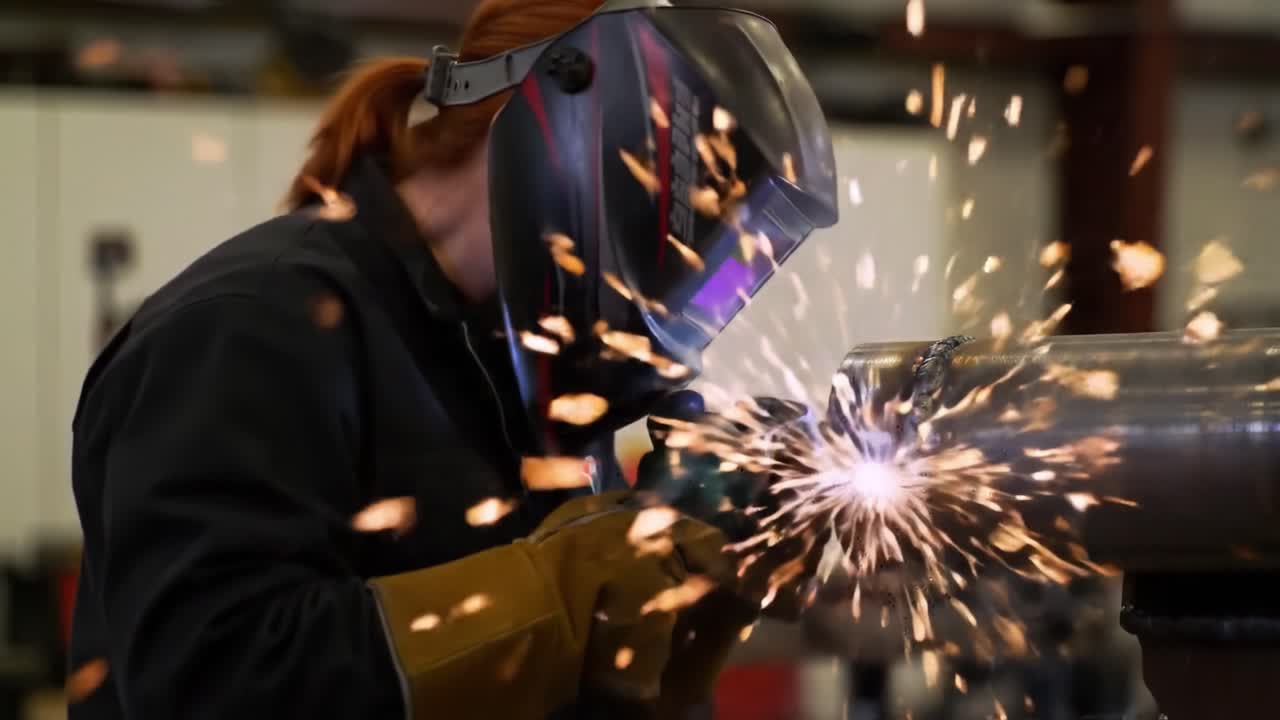 Woman Welder Working on Metal Pipe