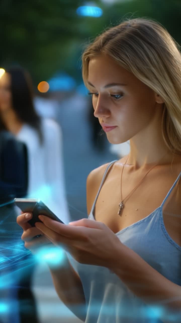 Una giovane donna assorta nel suo smartphone, circondata da un ambiente urbano notturno illuminato da bagliori soffusi e figure sfocate sullo sfondo, che cattura la vita urbana.