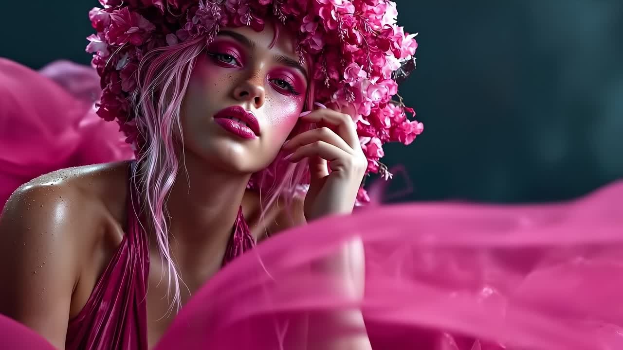 머리카락에 분홍색 꽃이 있는 여자