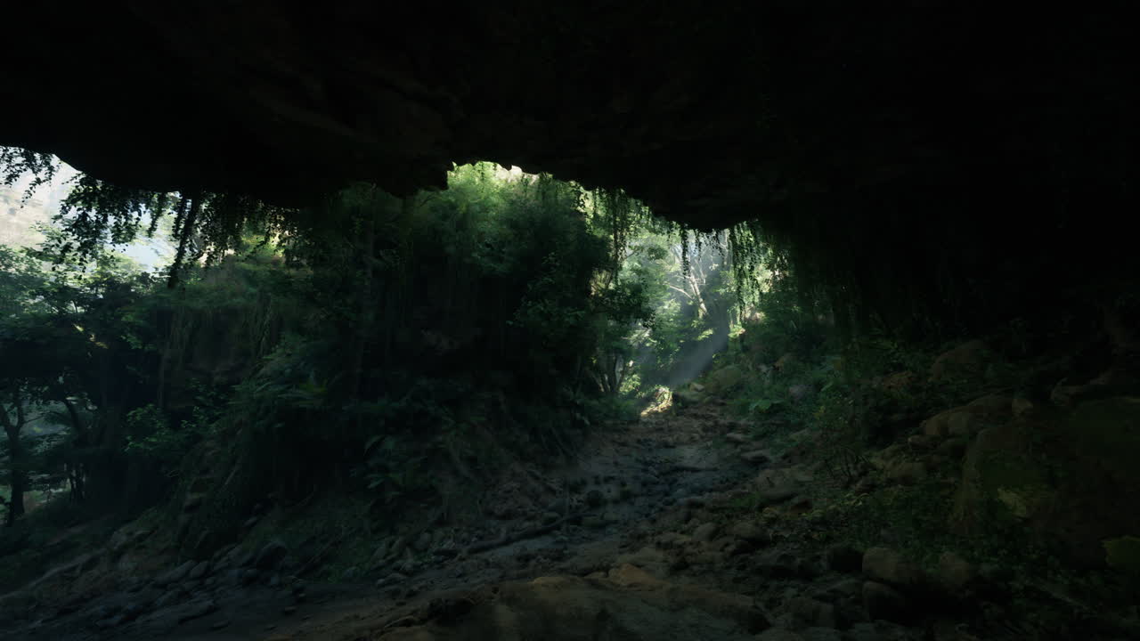 la luz del sol brillando a través de la entrada de una cueva en una selva verde exuberante