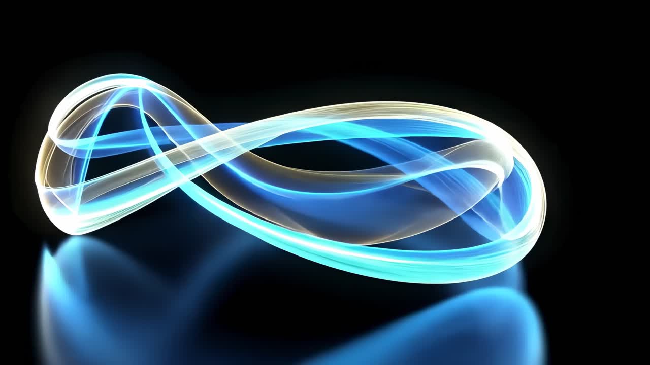 Abstract video concept with glowing blue and white light trails on a dark background