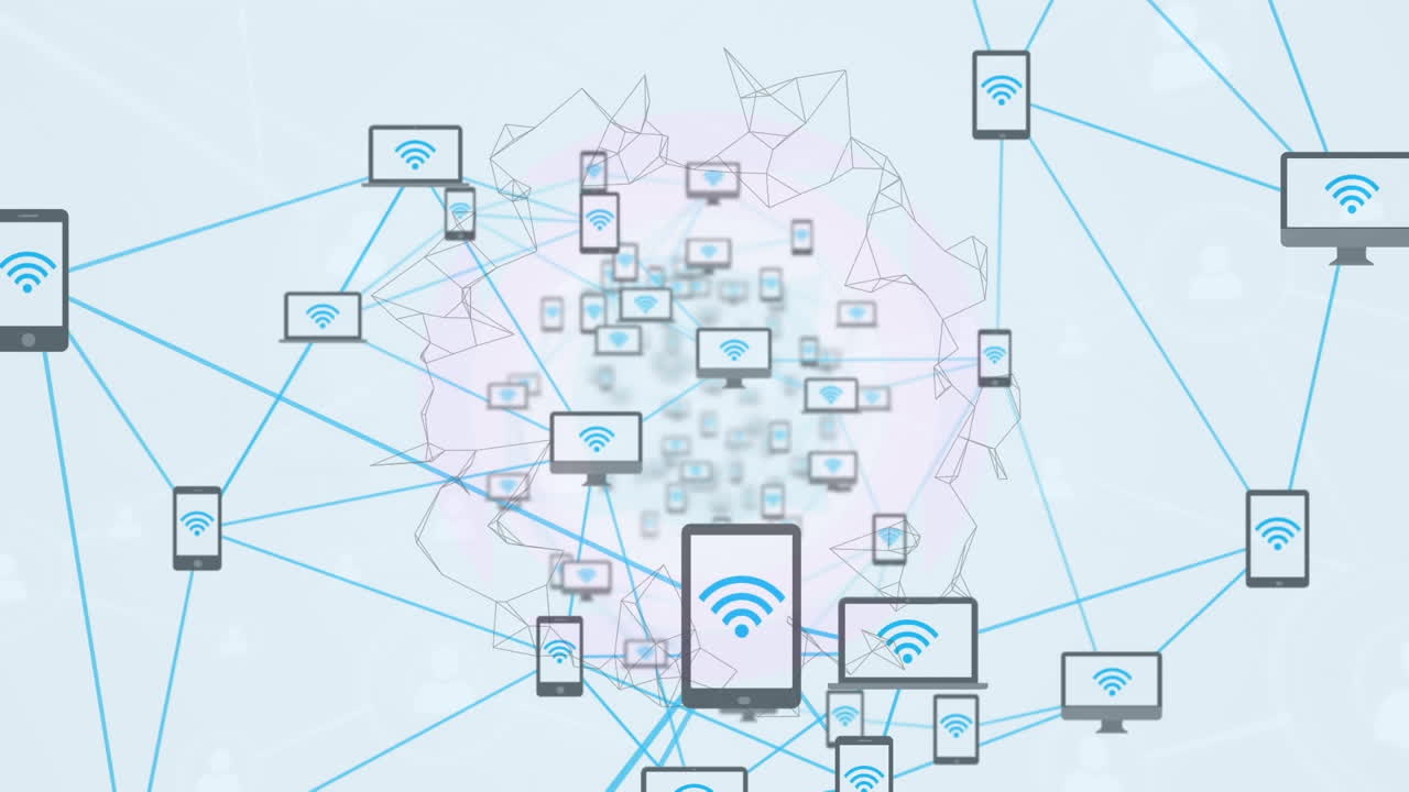 animación de formas que se mueven sobre una red de conexiones