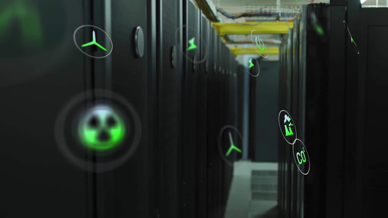 animación de iconos ecológicos y procesamiento de datos a través de servidores informáticos.