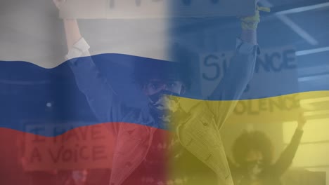 animation of flag of ukraine and russia over african american male protester in face mask