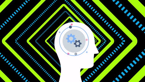 animation of circles around mechanical gears in human head over looping rhombuses tunnel