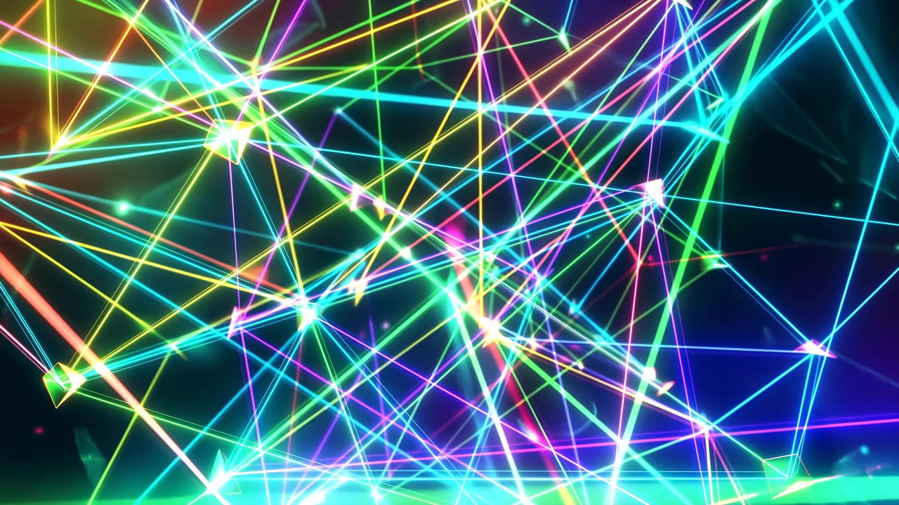 Abstract motion scene of tightly packed neon beams crossing at sharp angles across dark gradient space, with glowing junctions, starburst flares, blooming color, and dynamic geometric mesh