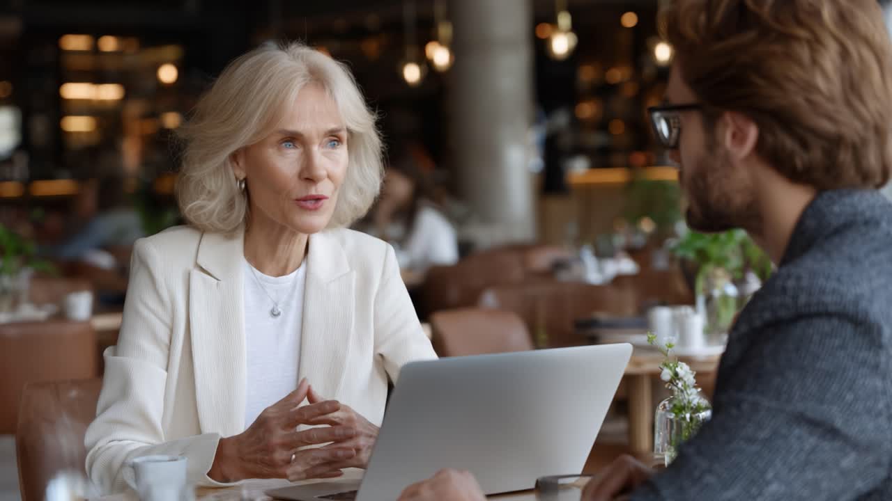 Conversazione di lavoro coinvolgente: una professionista discute di strategie con un collega concentrato in un moderno bar