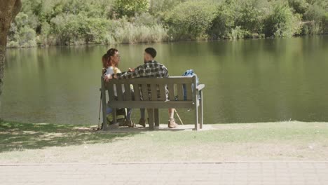 happy african american couple sitting on bench at lake in forest, slow motion