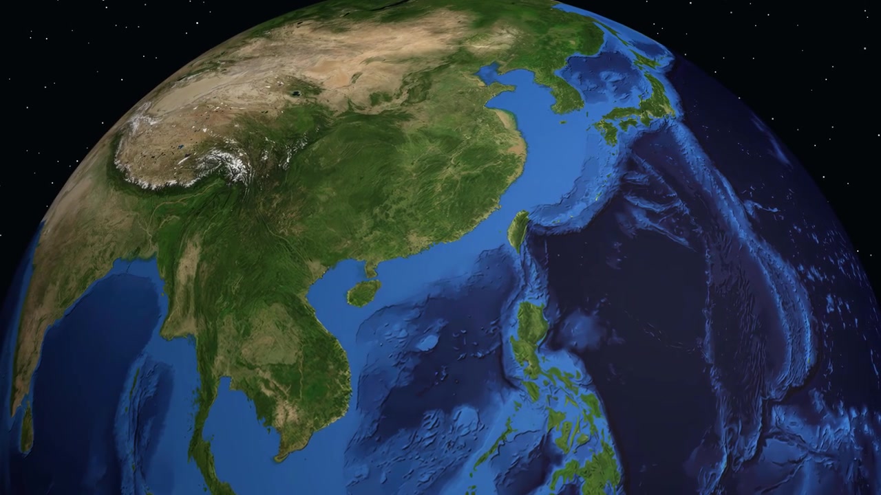 Un'animazione digitale ingrandisce dallo spazio nell'Asia orientale, individuando la posizione di Shenzhen, Cina.