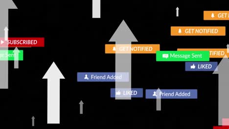 Animation-Von-Social-Media-Texten-Auf-Bannern-Mit-Weißen-Pfeilen-Auf-Schwarzem-Hintergrund