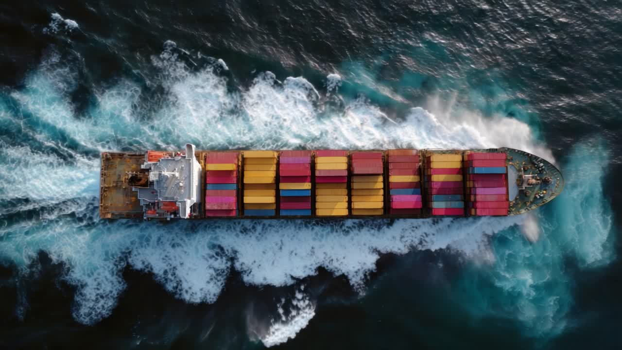 Aerial View of a Colorful Cargo Ship Navigating Through Vibrant Turquoise Waters, Leaving a Trail of Wake in Its Path, Showcasing Maritime Transportation at Its Best