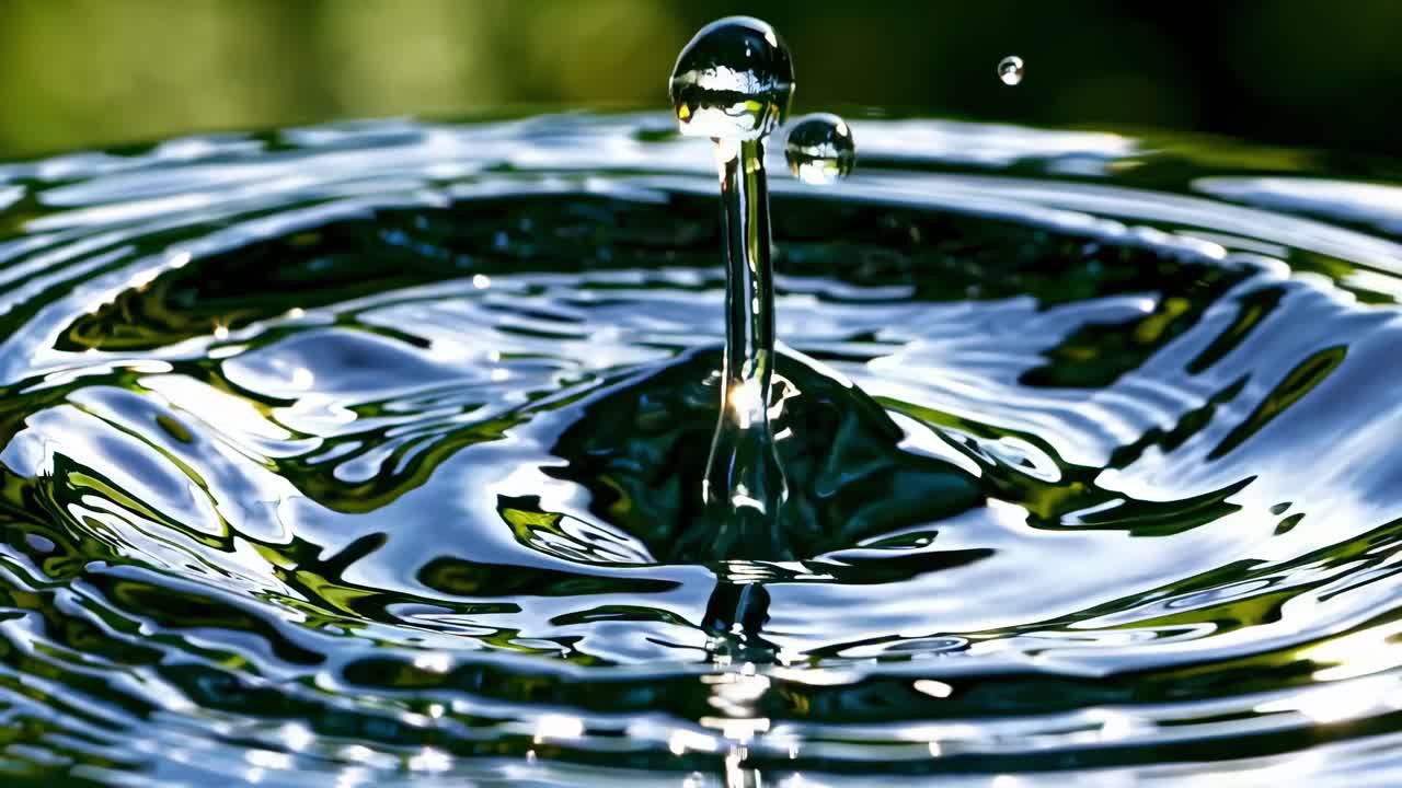 Close-up video of a water droplet creating ripples in a pond