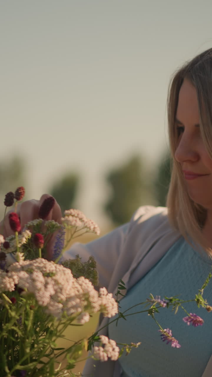 jardinero sonriente arreglando flores frescas en pintorescas tierras de cultivo con árboles lejanos en el fondo bajo un cielo brillante y despejado, el entorno sereno captura la tranquilidad del campo y la alegría de la jardinería