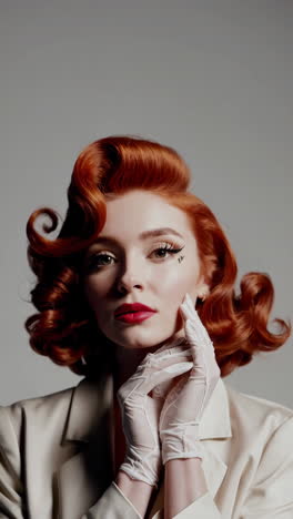 elegant portraits of a woman with vintage red hair and white gloves