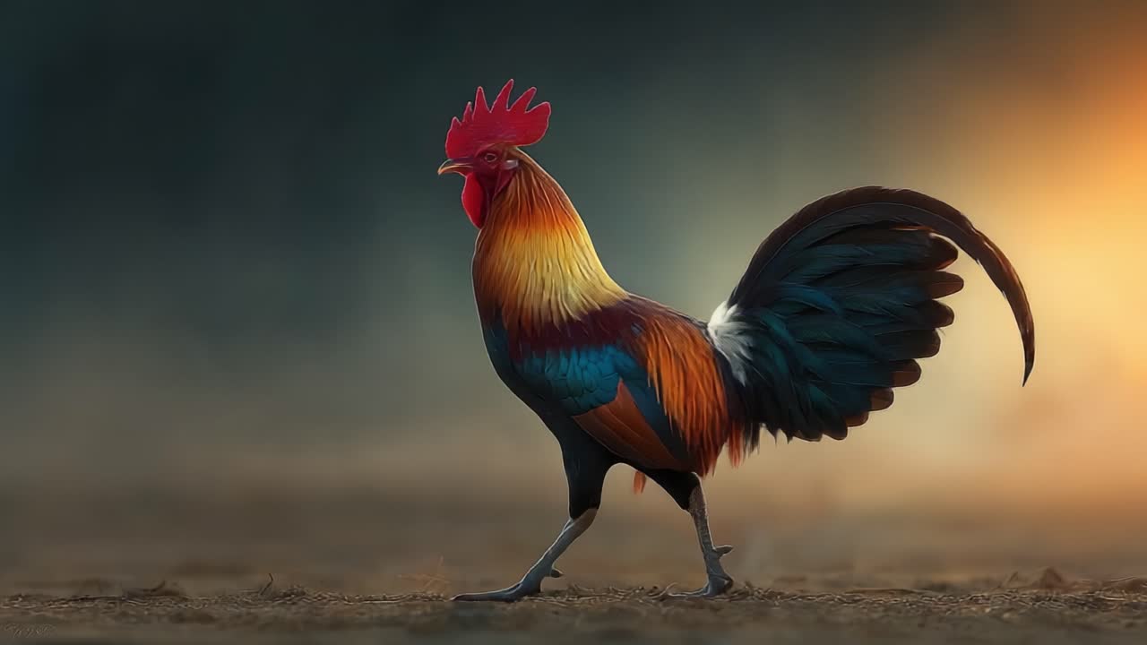 Un gallo colorato che si pavoneggia con sicurezza su uno sfondo spettacolare, mostrando le sue piume vivaci e la sua postura regale in un ambiente incantevole.