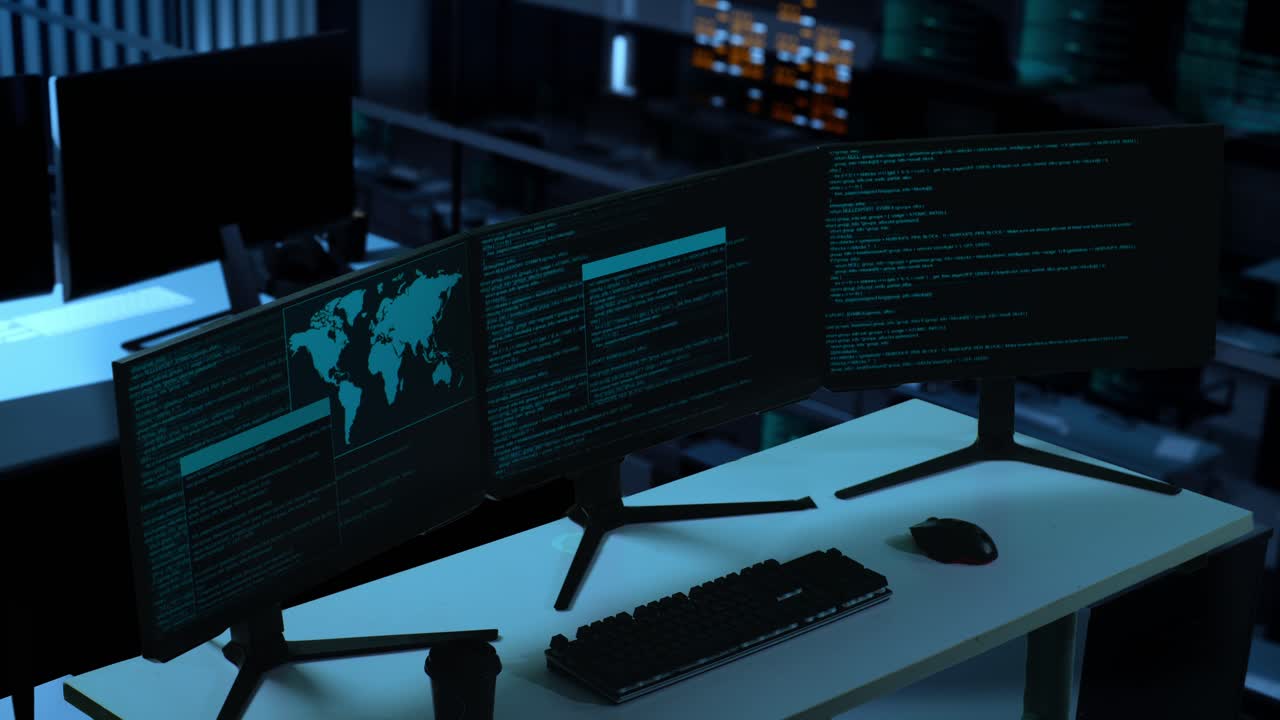 codificación en múltiples pantallas de computadora en la oficina