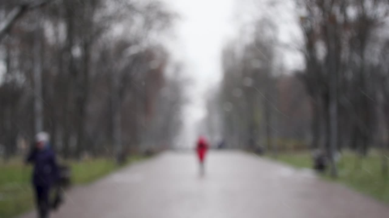 겨울 도시에서 눈이 내리는 아래에서 빠르게 는 흐릿한 사람들