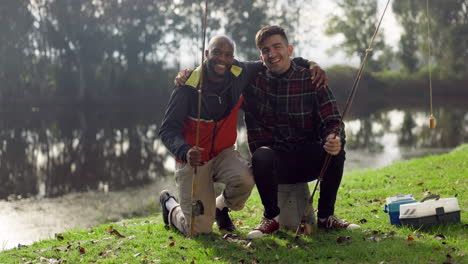 fishing, lake and friends hug in nature