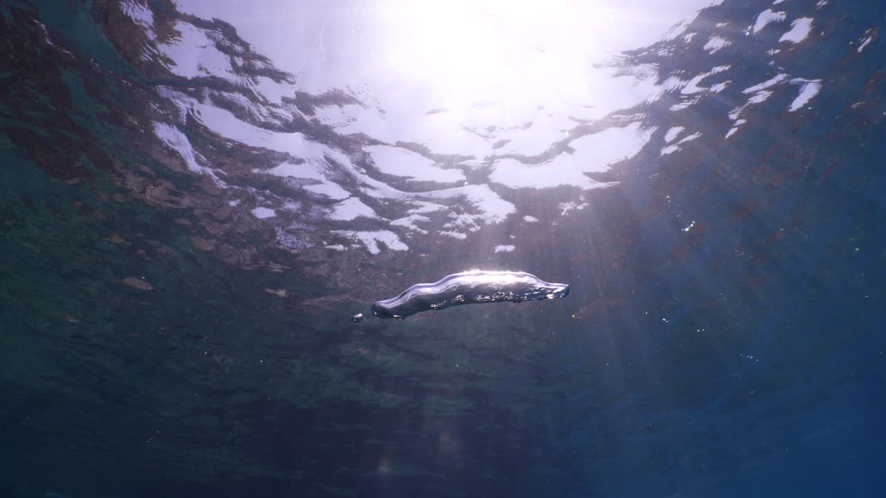 bajo el agua cerca de la superficie con el cielo vista del paisaje oceánico rayos de sol rayos del sol y burbujas de aire lentamente relajantes fondos oceánicos