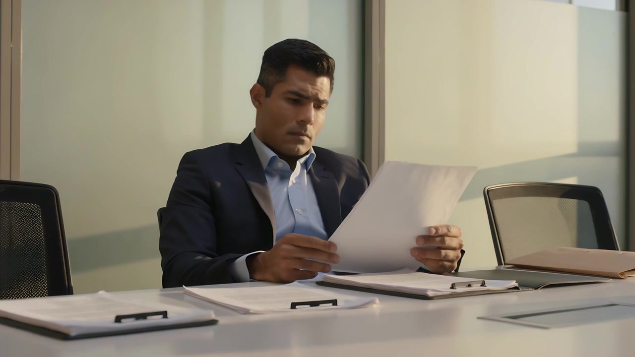 Uomo in completo appoggiato all'indietro che esamina un foglio in ufficio, confronta altri fogli e sistema le cartelle per la revisione
