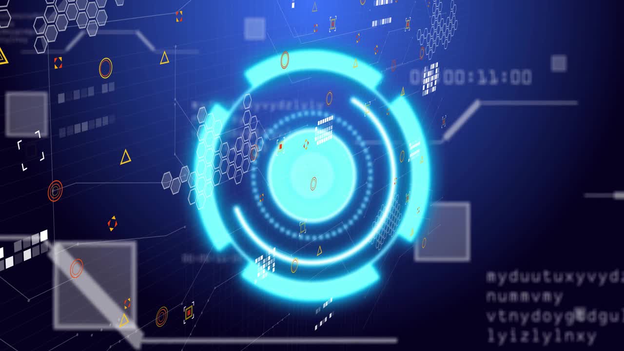 Timer ticking initiating holographic interface rotating cyan rings and orbiting nodes scanning data