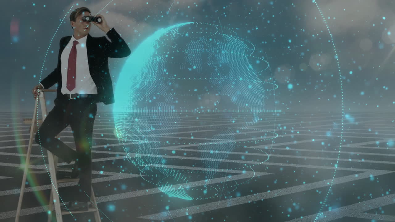 Businessman on ladder observing digital globe and network connections animation