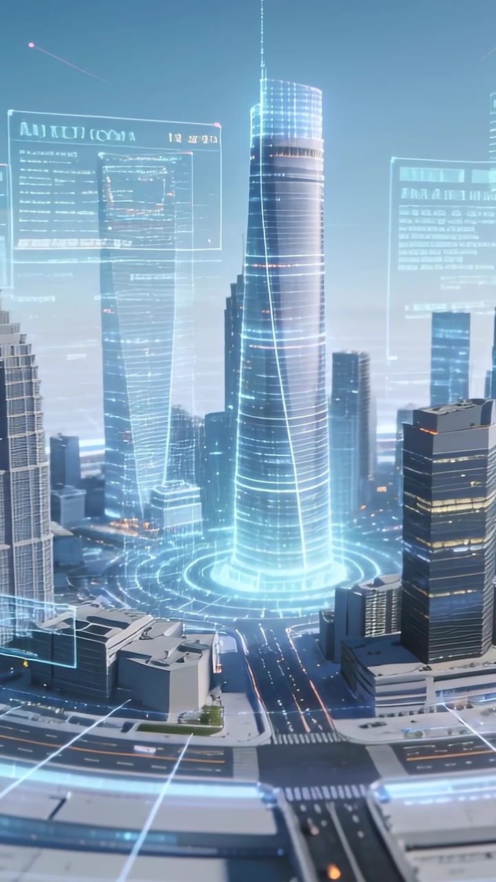 Vertical video: Lighting central spiral tower sending rings at plaza, HUD panels mapping city grid