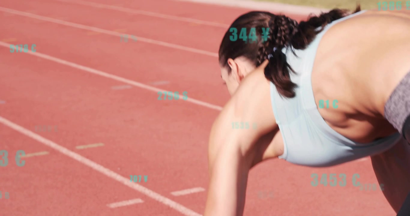 Female athlete bracing at start, driving off blocks on track showing metrics for sports analysis