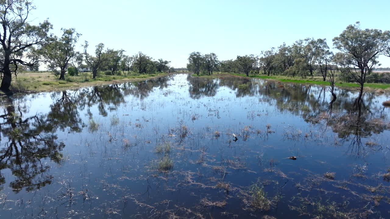 Drone flying low over a billabong or oxbow lake near Moree in New South Wales, Australia.