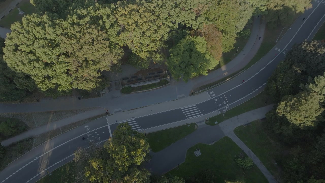 Aerial view of a road in Brooklyn's Prospect Park. Shot on an October morning