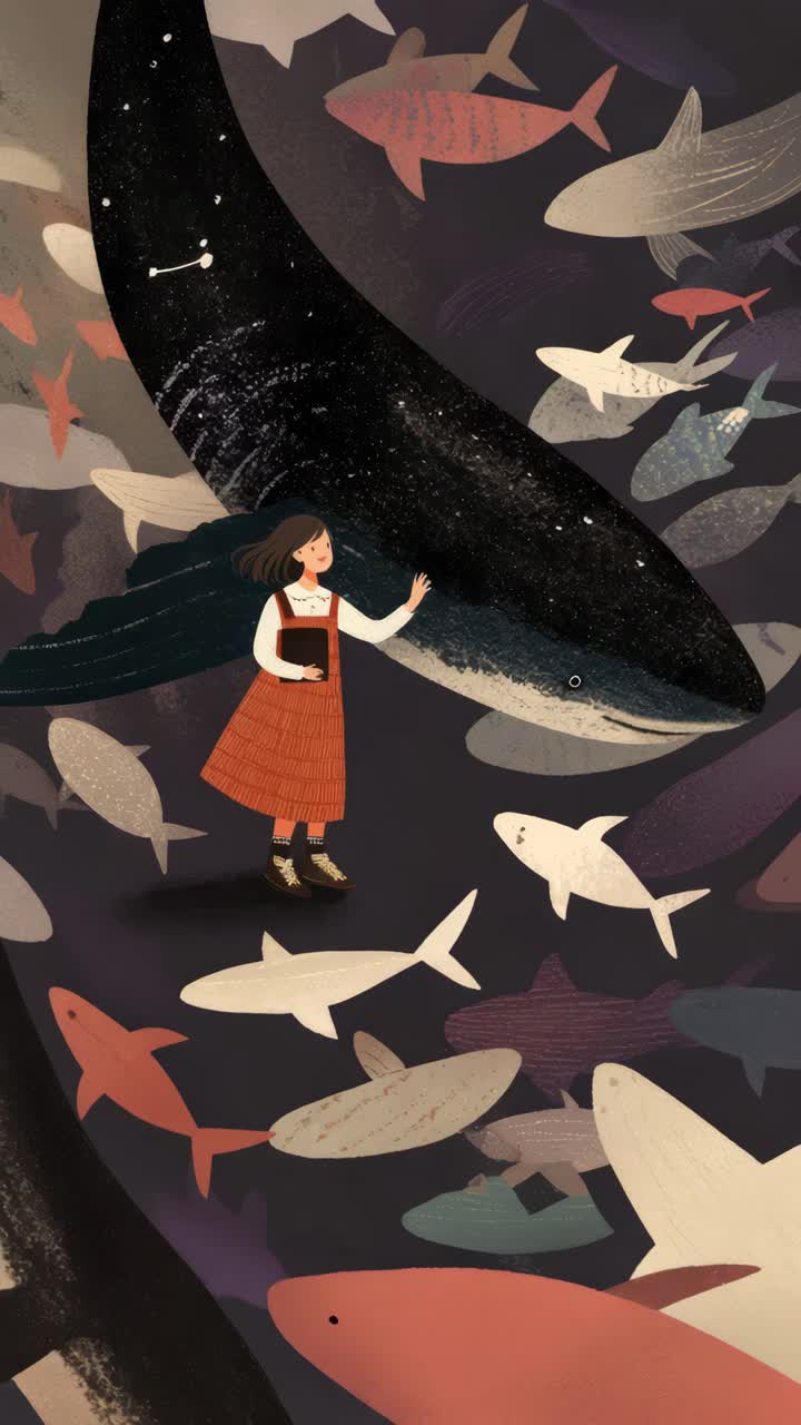 Ilustrasi unik seorang gadis di antara ikan-ikan raksasa, dilihat dari sudut atas, menciptakan suasana surealis