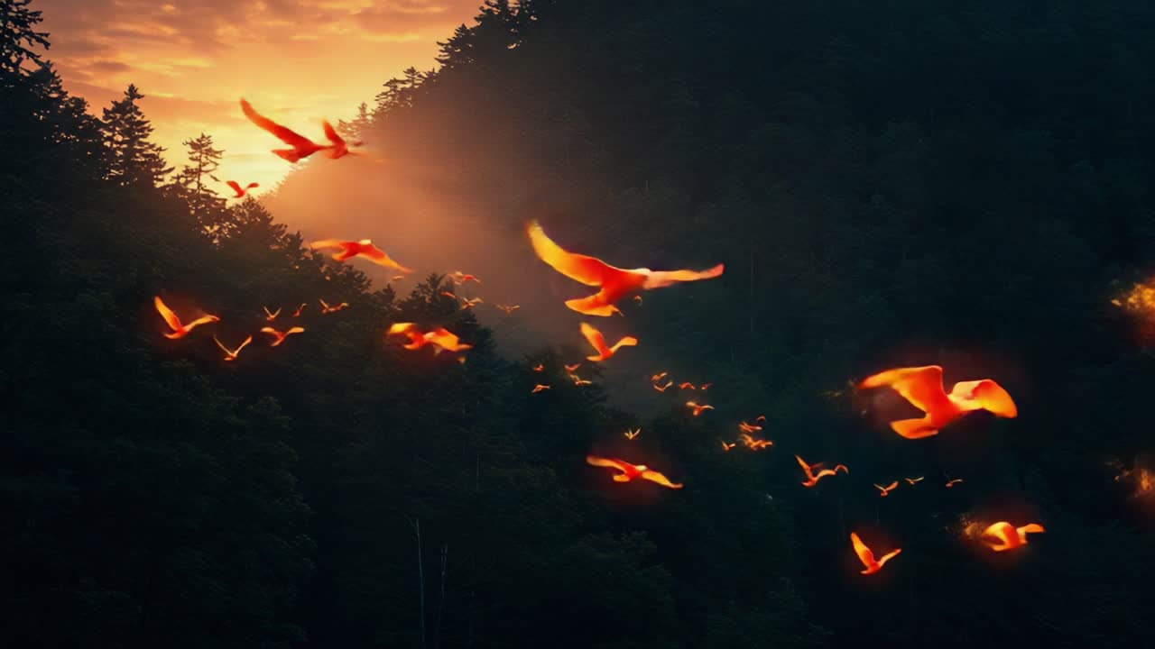 A stunning display of vibrant birds taking flight against a breathtaking twilight backdrop, showcasing the beauty of nature and the magic of dusk in the wilderness