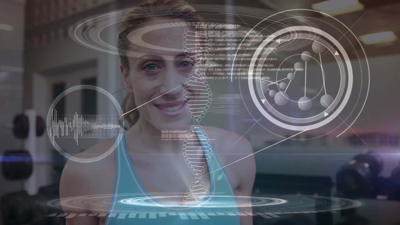 animación de la hilera de adn girando y procesamiento de datos sobre el agua potable de mujer fuerte