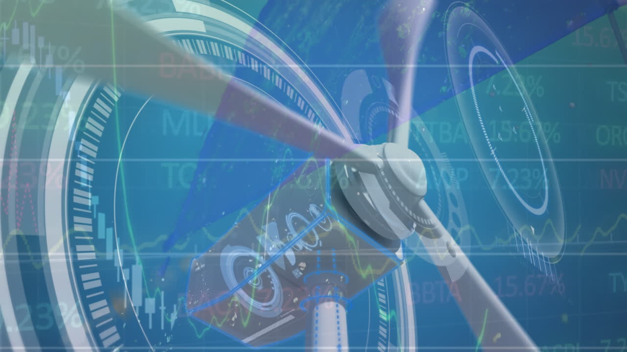 주식 시장 데이터 처리 및 회전하는 풍차에 대한 둥근 스캐너의 애니메이션