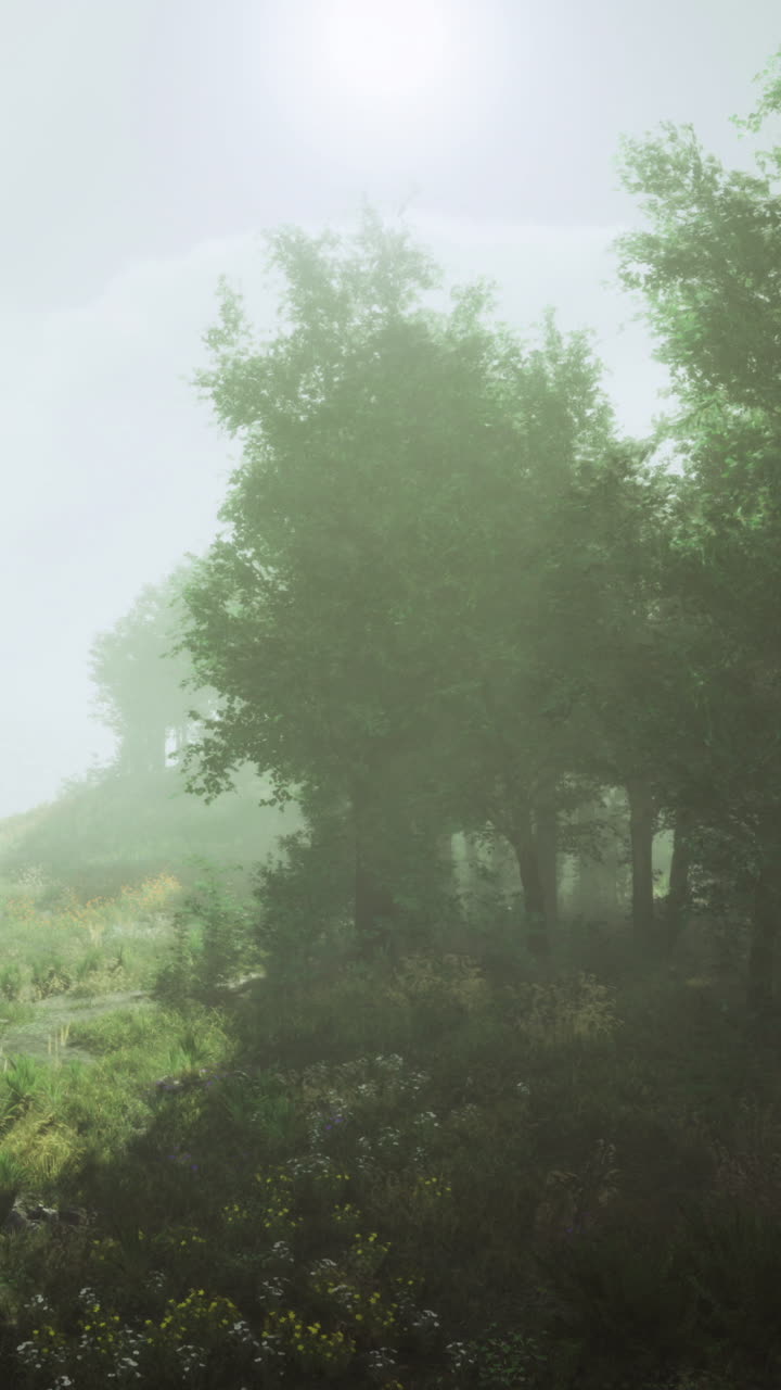 Misty morning landscape with trees and soft light in a serene environment