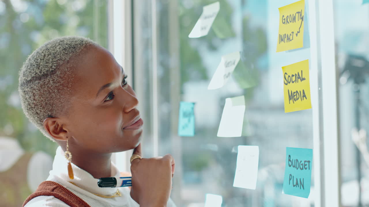 Thinking, brainstorming and black woman with smile