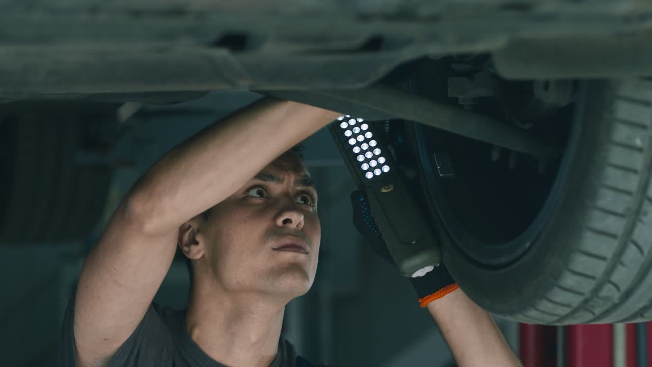 mecánico que inspecciona el tren de aterrizaje del automóvil