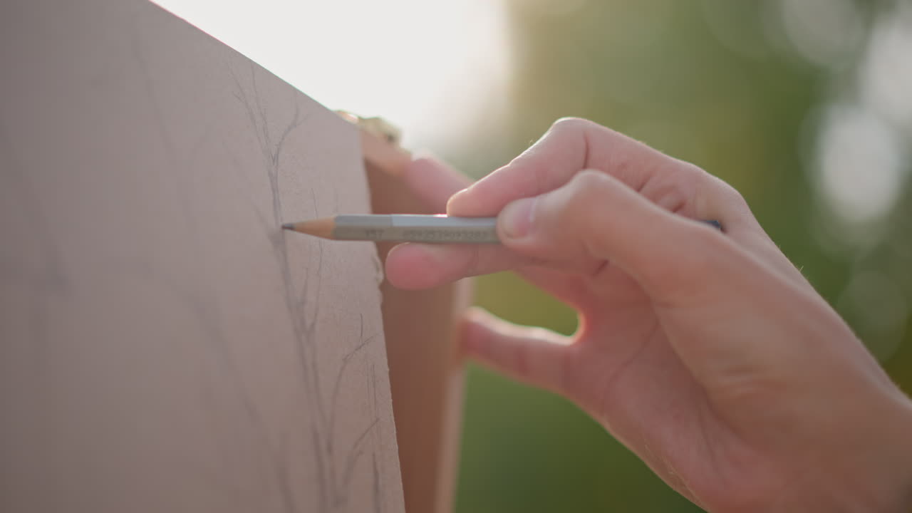 primo piano di una mano che disegna un’area di lavoro di cartone all’aperto, artista di strada che traccia una scena cittadina con una matita, bokeh con luce solare calda, tratti delicati di grafite, superficie ruvida, composizione precisa, effetto cinematografico slow motion