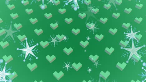 Animation-of-christmas-snow-falling-over-pattern-on-green-background