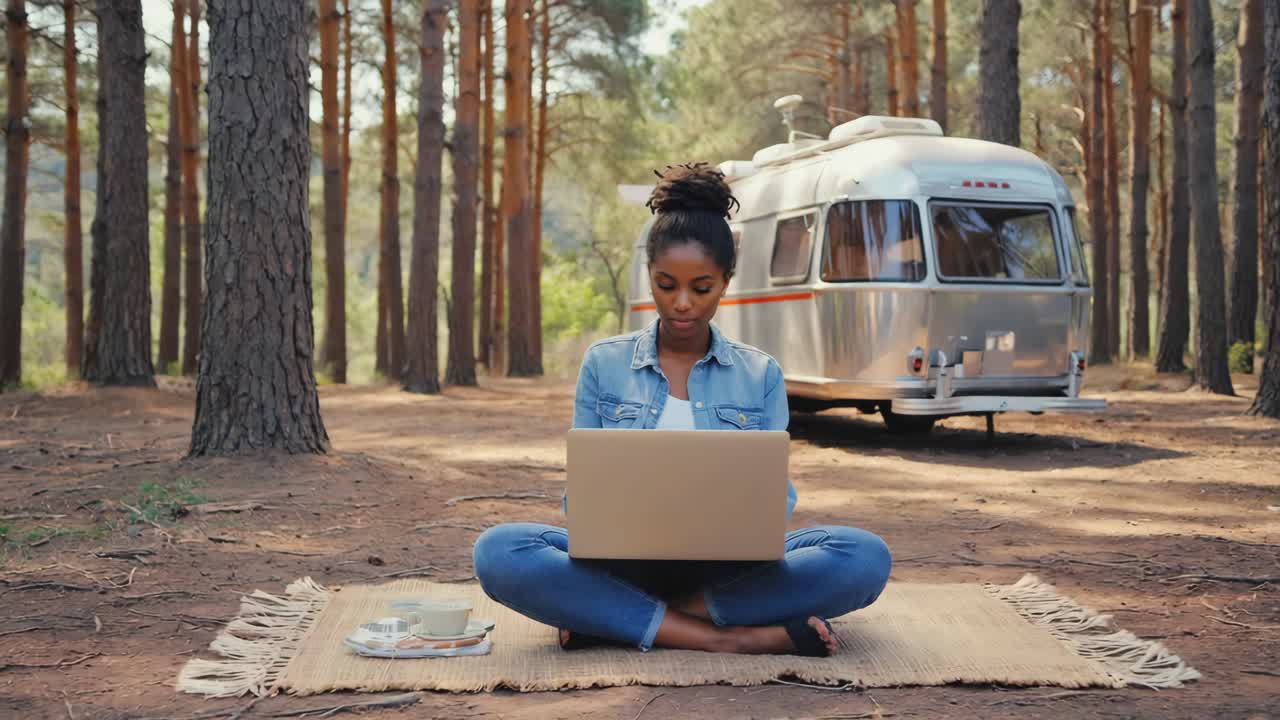 Woman working on laptop outdoors near RV in forest