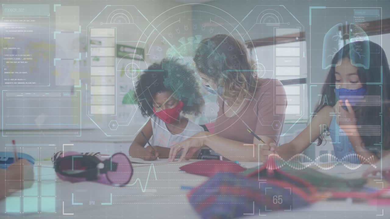 코로나바이러스 연구 디지털 인터페이스 여성 교사가 학교에서 소녀를 가르치는 것에 대해