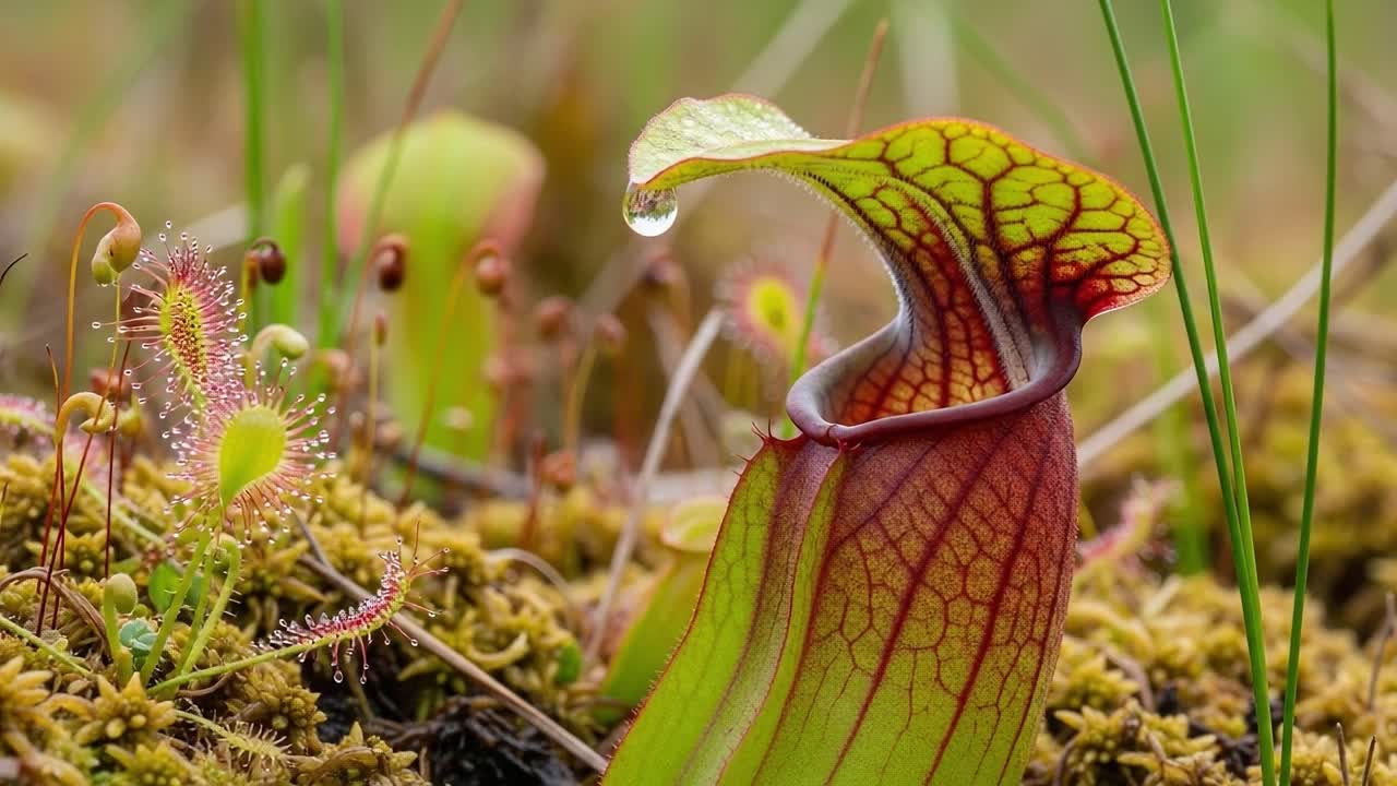 A Captivating Close-Up of a Carnivorous Plant in Its Natural Habitat, Showcasing the Intricate Details and Unique Features of Its Colorful Leaves and Dewy Surroundings