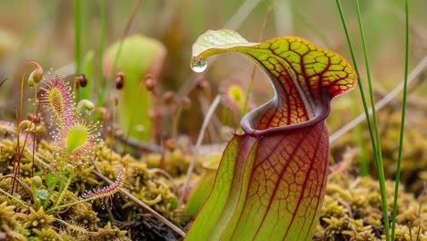 a captivating close-up of a carnivorous plant in its natural habitat, showcasing the intricate details and unique features of its colorful leaves and dewy surroundings